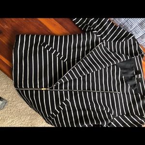 Black white stripe knit moto jacket, asym zip.